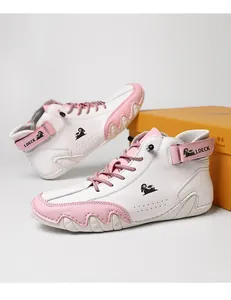 Stylish pink and white color-blocked leather high-top boots for women