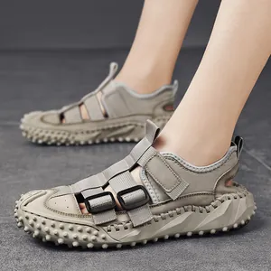 Sandales en Cuir de Boeuf Véritable à Bout Fermé pour Hommes Été Décontracté Respirant Antidérapant Chaussures de Plage Réglables