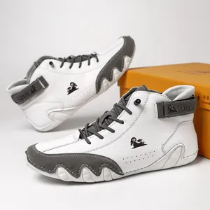 Stylish white and grey leather high-top casual boots with color-block design