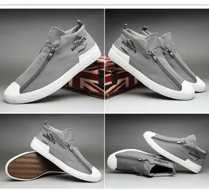 Zapatillas altas de lona gris para hombre con detalle de cremallera en varios ángulos