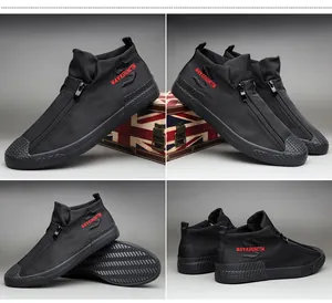 Vista detallada de zapatillas de lona altas negras para hombre con cremallera y logo