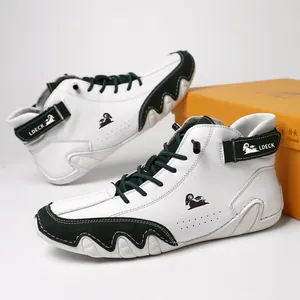 Stylish high-top leather sneakers in white and green color-block design for casual wear