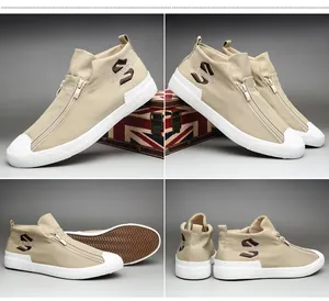 Vistas detalladas de zapatillas altas de lona beige para hombre con cremallera frontal.