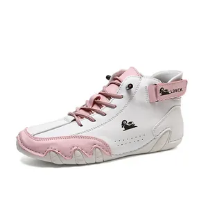 Stylish pink and white high-top leather casual boots for women with Velcro strap