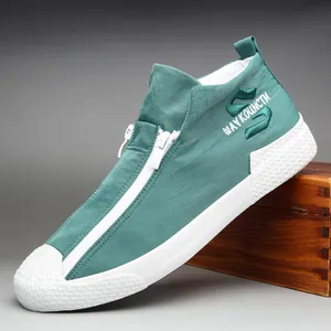 Elegantes zapatillas de lona verde para hombre con cremallera y suela de goma blanca