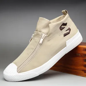 Zapatillas de lona caqui de caña alta para hombre con elegante cremallera frontal y suela