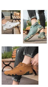 Outdoor lifestyle collage showing high-top men's casual Martin boots in three colors.