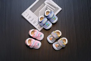 Fleece-lined warm baby walking shoes with cute cartoon patterns and velcro straps