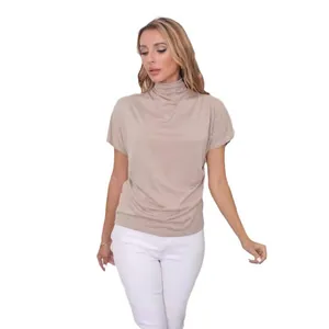 Women's elegant mock neck batwing sleeve top in solid beige color loose fit casual style