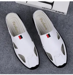 White men's hollow-out casual sandals featuring iconic green and red ribbon detail.