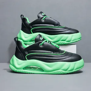 Stylish men's black and green chunky sneakers with thick air cushion platform sole