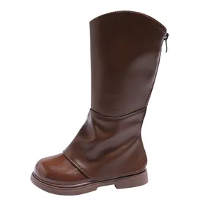 Bottes hautes en cuir marron pour filles avec fermeture éclair à l'arrière et bout brillant
