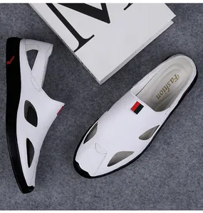 Modern white men's casual hollowed leather sandals with breathable design and black sole