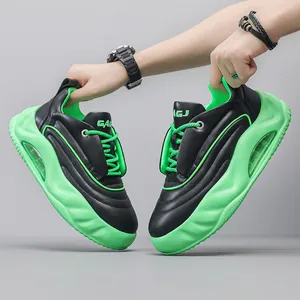 Men's stylish chunky sneakers featuring neon green thick platform sole and air cushion.