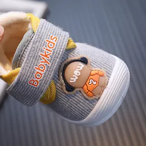Cozy plush lined baby walker shoes with cute cartoon bear and babykids strap