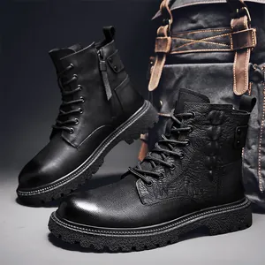 Stivali Martin da Uomo in Pelle Bovina Primo Strato Stile Britannico Gambo Medio Stivali da Lavoro Invernali Caldi Scarpe in Pelle Nere