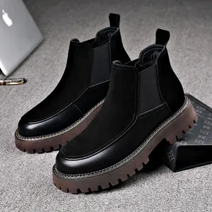 Bottines Chelsea Style Britannique pour Hommes Cuir Suède Patchwork Bottines Martin Semelle Épaisse Antidérapante Chaussures d'Hiver Chaudes en Polaire Noir