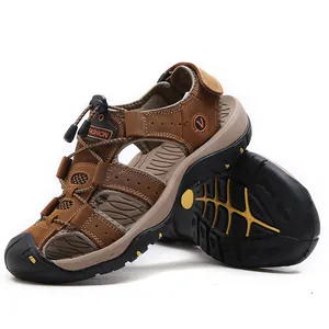 Durable brown cowhide outdoor closed-toe sandals for men with anti-collision design