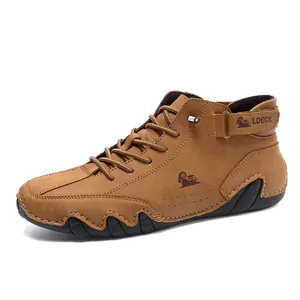 Men's brown leather high-top casual boots with lace-up and side strap design