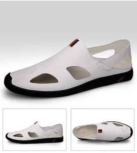 Detailed views of men's white leather closed-toe sandals with breathable hole design.