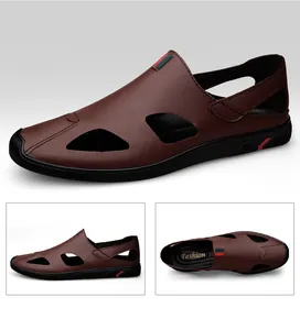 Multiple views of men's brown leather hollow-out sandals with closed toe design
