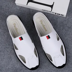 White leather men's closed-toe casual sandals with stylish cutout design