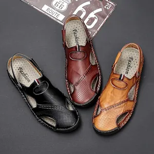Sandales en cuir pour hommes respirantes avec semelles souples, 3 couleurs