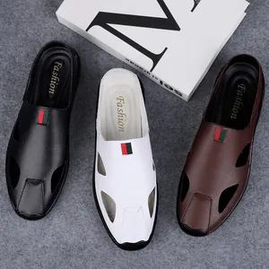 Trendy men's hollowed-out leather sandals available in black, white, and brown colors