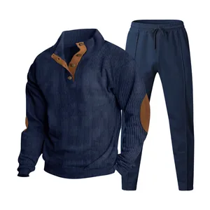 Chándal de pana azul marino para hombre con cuello alto y parches en los codos