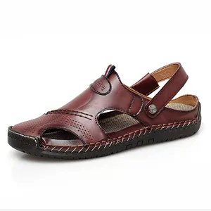 Sandales de plage pour hommes en cuir marron avec semelle souple et antidérapante