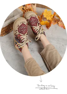 Macro detail view of ethnic style linen lace-up shoes with vibrant totem pattern