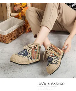 Bohemian ethnic style linen high-top shoes with vintage totem patterns and lace-up