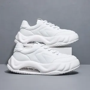Men Chunky Dad Shoes Thick Sole Air Cushion Sneakers Cowhide Leather Casual Bread Shoes 2023 Autumn Winter Walking Shoes