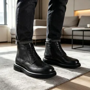 Vista dettagliata degli stivali Martin brogue in pelle nera da uomo con lacci e zip