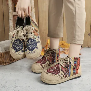 Women Ethnic Style High Top Canvas Shoes Retro Totem Pattern Platform Round Toe Lace Up Casual Sneakers
