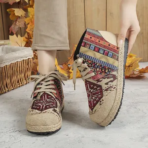 Ethnic style linen high-top shoes with colorful totem patterns and platform sole.