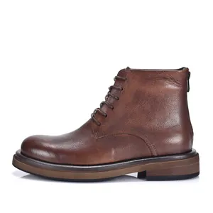 Side profile of men's premium brown leather lace-up retro Martin boots with a thick sole