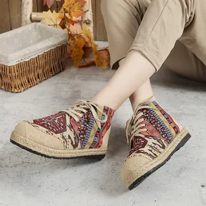 Bohemian ethnic linen high-top cloth shoes featuring totem patterns and platform soles.