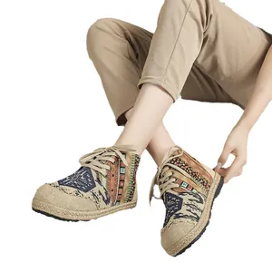 Bohemian ethnic style high-top linen shoes with totem pattern and thick platform sole
