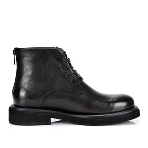 Classic black leather men's high-top lace-up boots with thick sole and back zipper