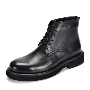 Men Genuine Leather Martin Boots Vintage High Top Lace Up Boots Thick Sole Round Toe Fashion Casual Outdoor Leather Boots