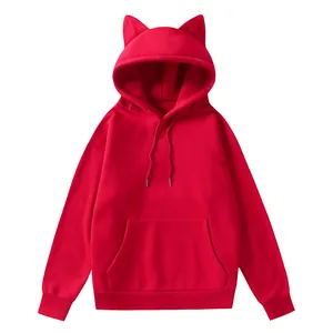 Sudadera con capucha de forro polar rojo para mujer con orejas de gato y bolsillo.