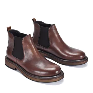 Premium brown leather Chelsea boots for men featuring retro style and durable thick soles