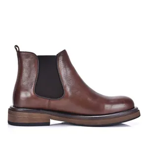 Vintage brown genuine leather Chelsea boots for men with thick sole and elastic side.