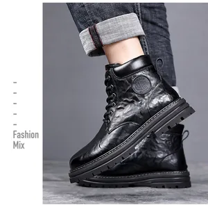Detailed side view of premium black leather Martin boots for men with retro motorcycle style