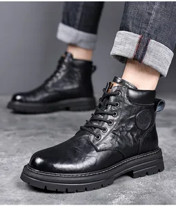 Detail shot of black men's retro Martin work boots with leather texture and thick sole.