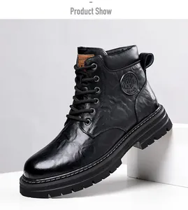 Detailed side view of black men's leather Martin boots with thick rubber soles