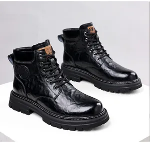 Close-up detail of men's black leather Martin boots with vintage textured finish and thick soles