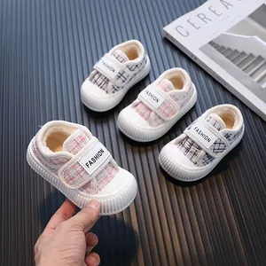 Scarpe in Tela per Bambini in Tweed a Quadri Foderate in Pile Suola a Biscotto Calda Scarpe Casual con Velcro