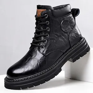 Men's Retro Black Martin Boots Fleece Lined Warm Motorcycle Work Boots Anti-Slip Leather Boots For Autumn Winter